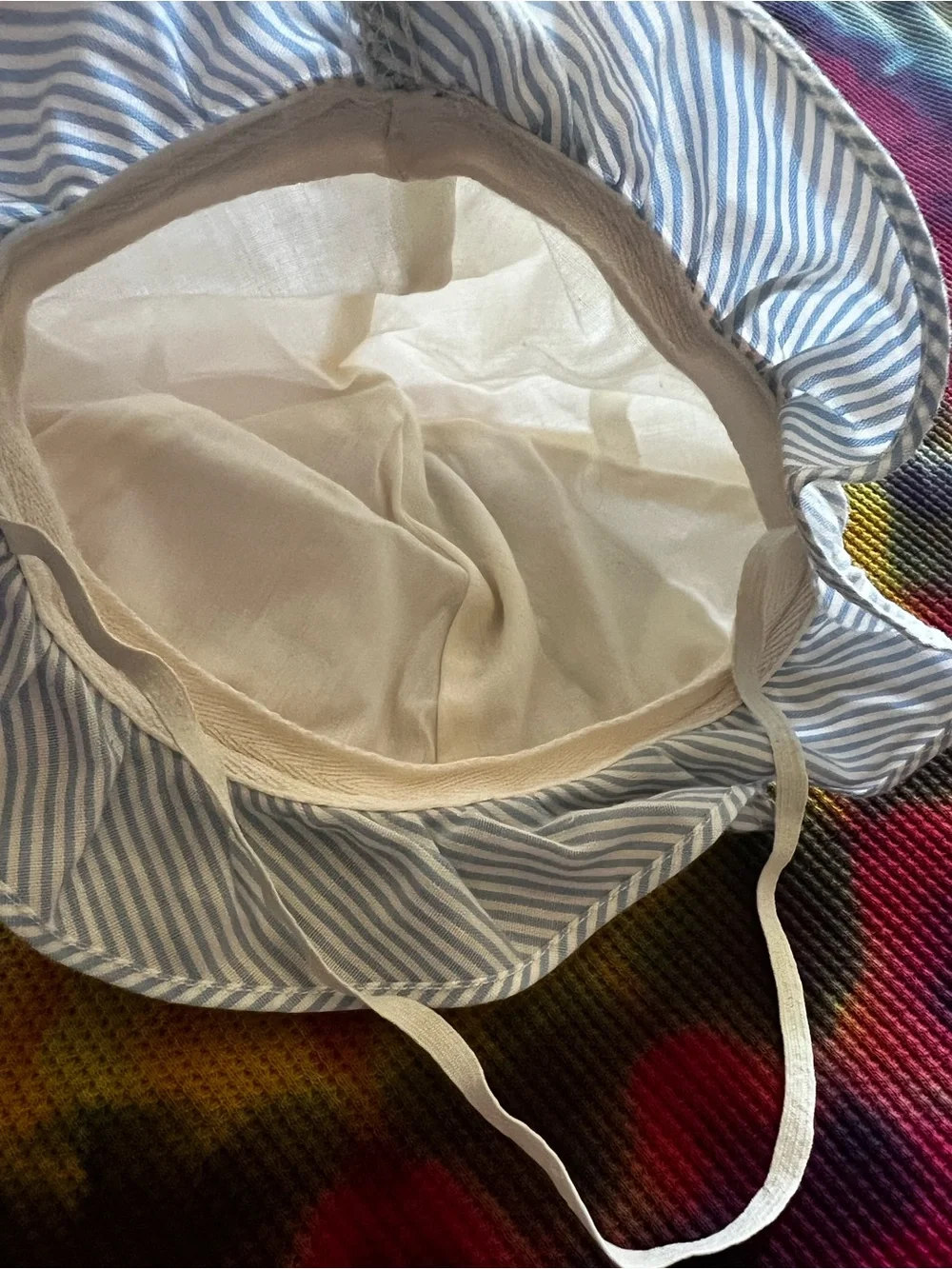 Vintage 90s Baby Bonnet Hat White with Blue Striped Ruffle & Pink Trim